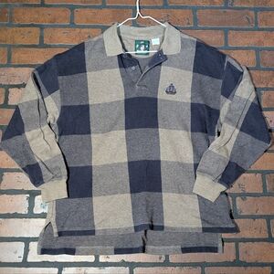 Vintage Izod Men's L Baggy 90s Black Hazelnut Plaid Check Herringbone Polo Shirt